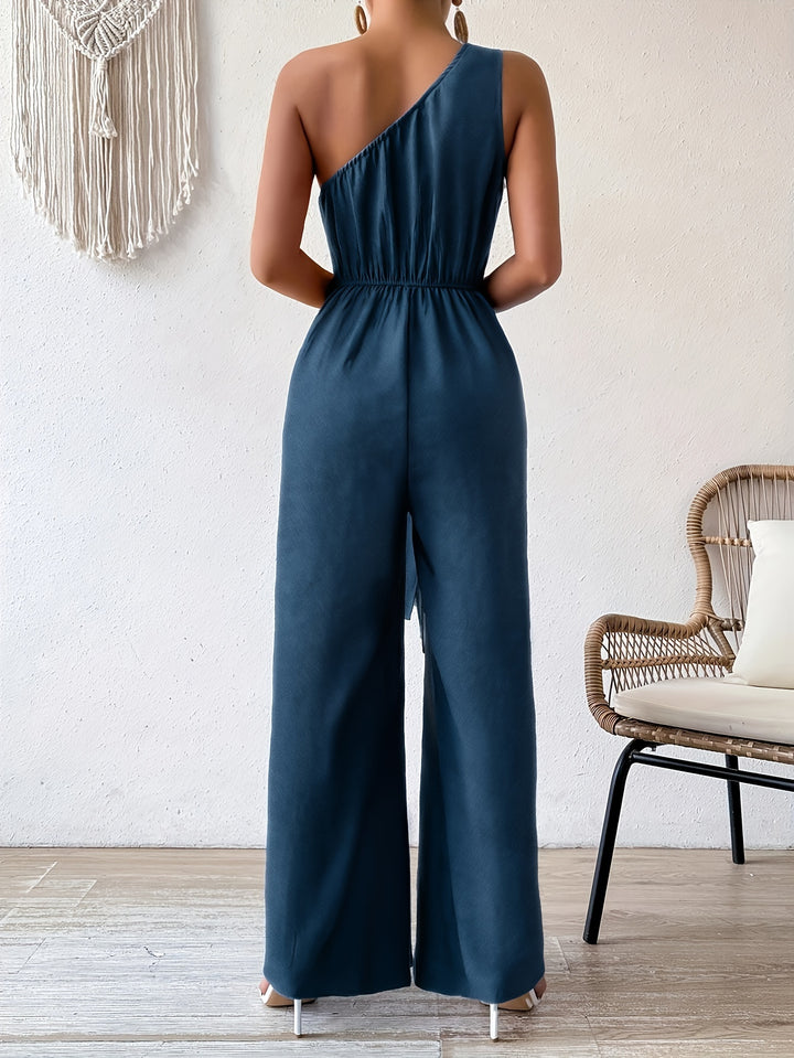 One Shoulder Plain Belted Jumpsuit