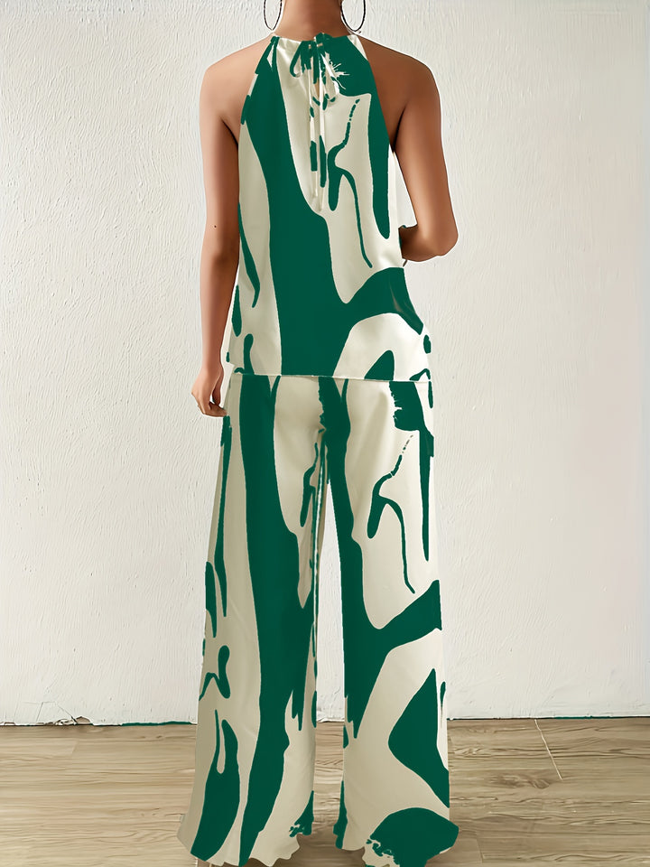 Floral Print Halter Top & Wide-Leg Pants Set