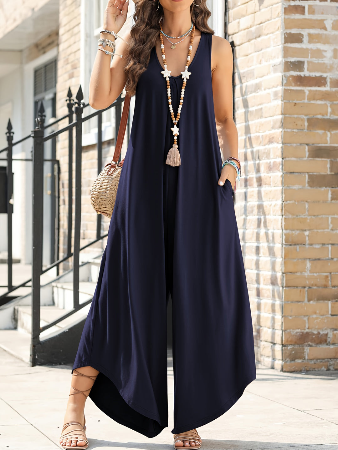 Solid Color Pocket Wide Leg Jumpsuit