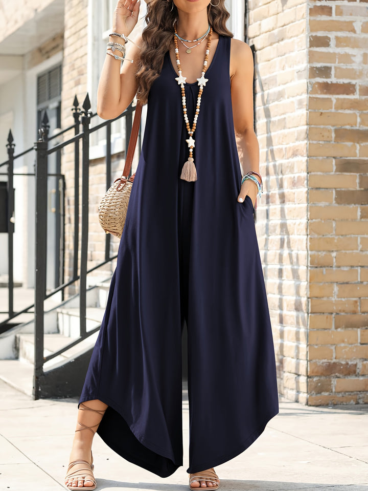 Solid Color Pocket Wide Leg Jumpsuit