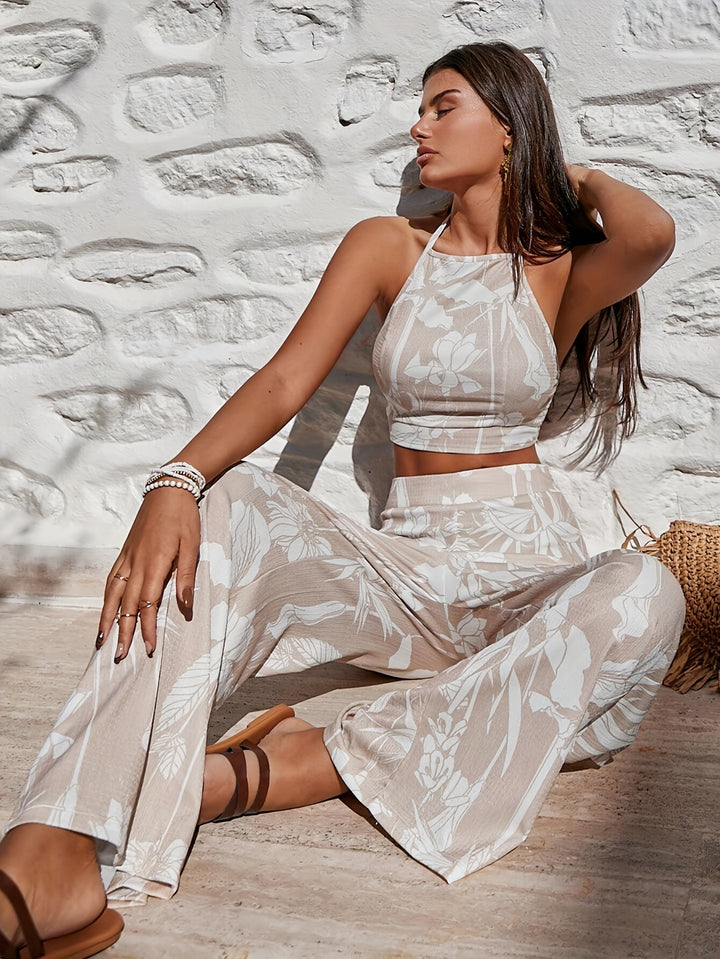 Plant Print Backless Top Pantsuits