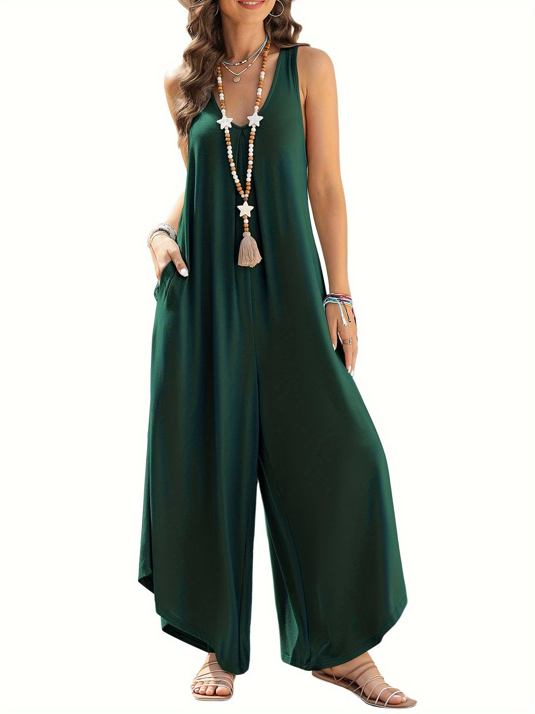 Solid Color Pocket Wide Leg Jumpsuit