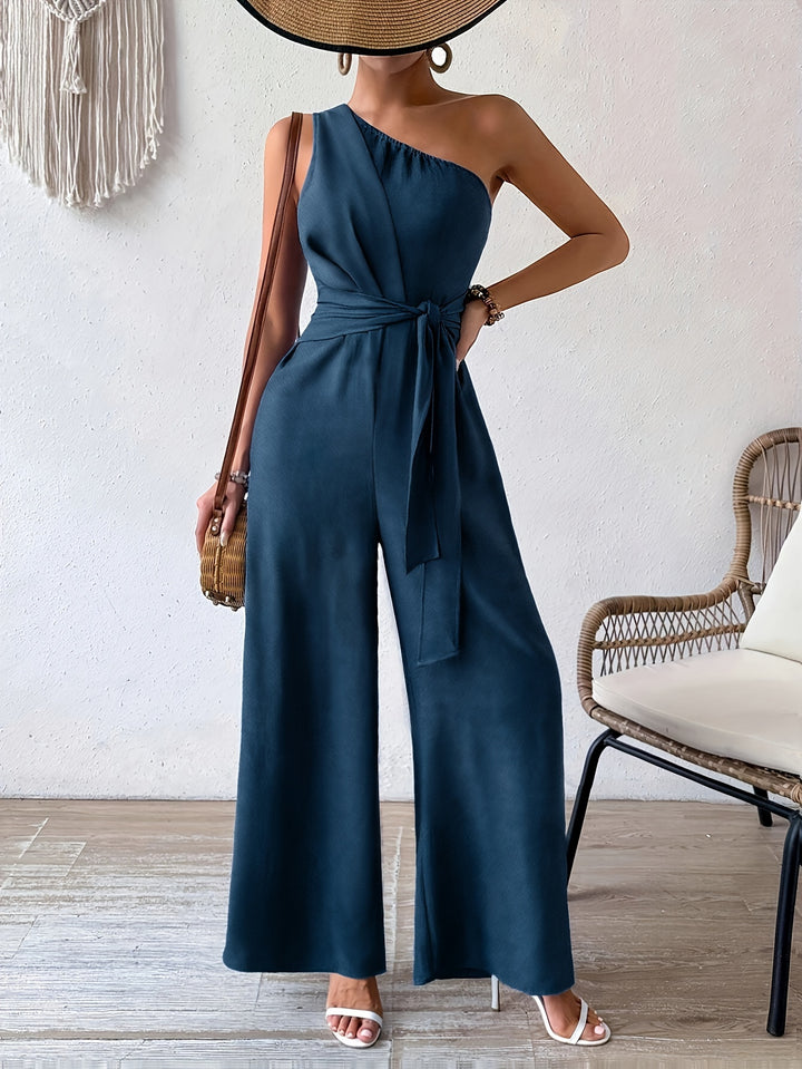 One Shoulder Plain Belted Jumpsuit