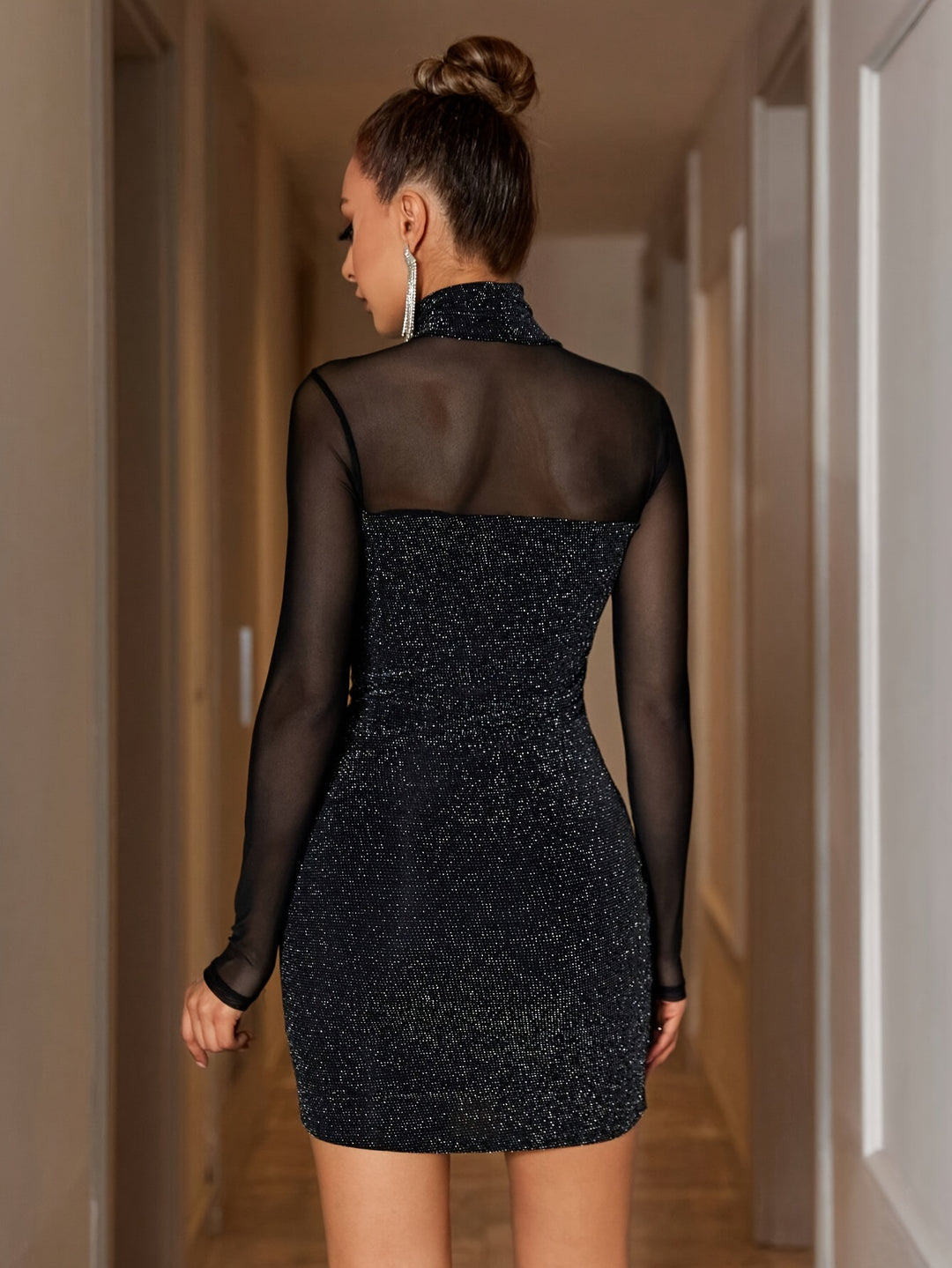 Shiny Patchwork Mesh Bodycon Mini Dress