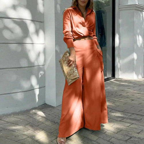 Women Elegant Casual Cross Detail Top And Wide Leg Pants