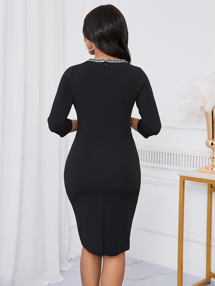 Contrast Trim Crew Neck Dress, Elegant Single Breasted 3/4 Sleeve Dress For Office & Work, Women's Clothing
