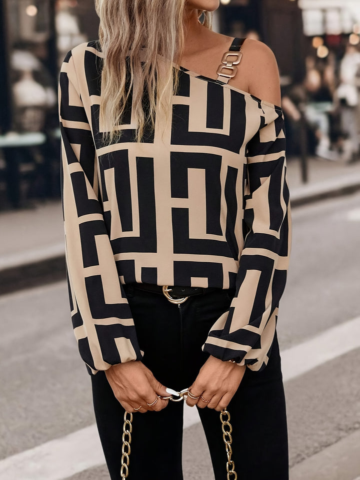 Greek Print Asymmetric Neck Blouse