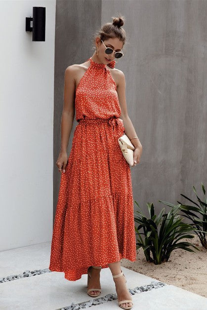 Ruffle Hem Halter Tie-Back Dress