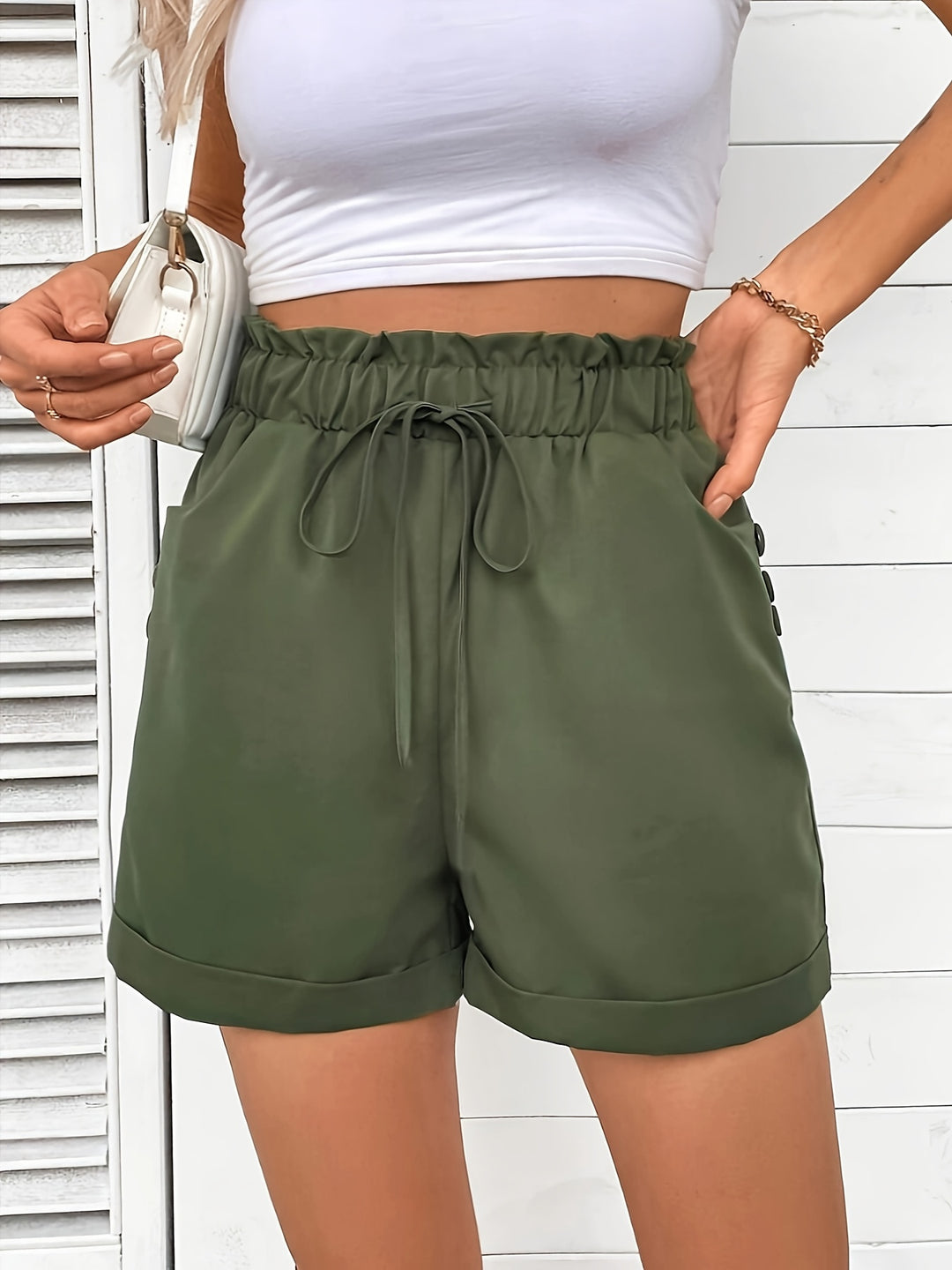 Casual Green Drawstring Shorts