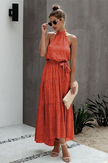 Ruffle Hem Halter Tie-Back Dress