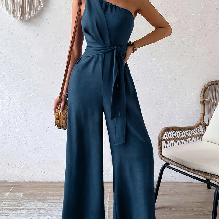 One Shoulder Plain Belted Jumpsuit