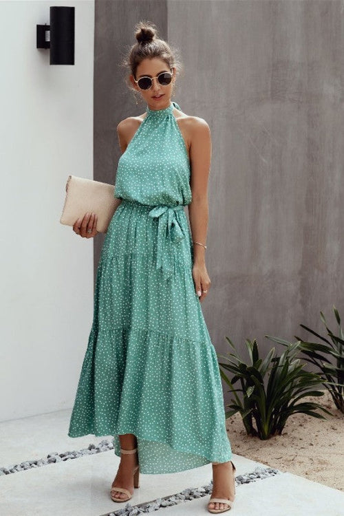Ruffle Hem Halter Tie-Back Dress