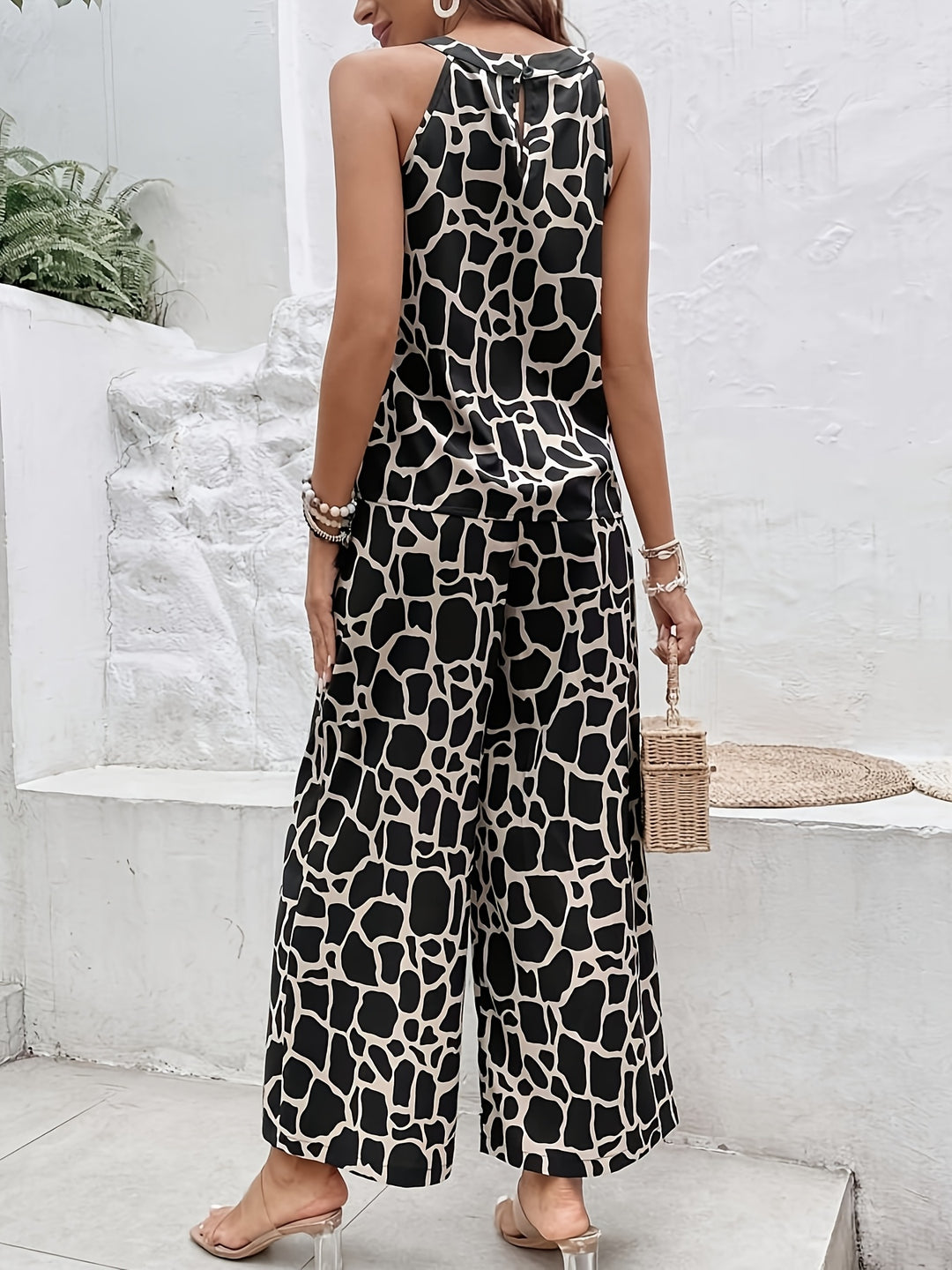 Leopard Print Halter Top and Wide-Leg Pants Set