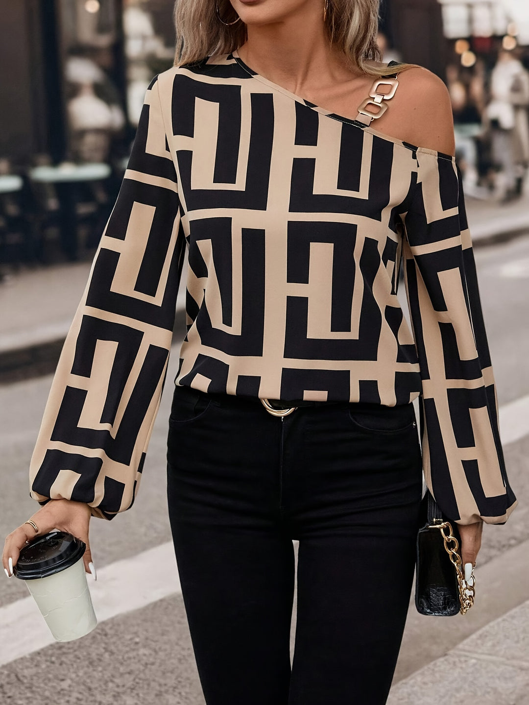 Greek Print Asymmetric Neck Blouse