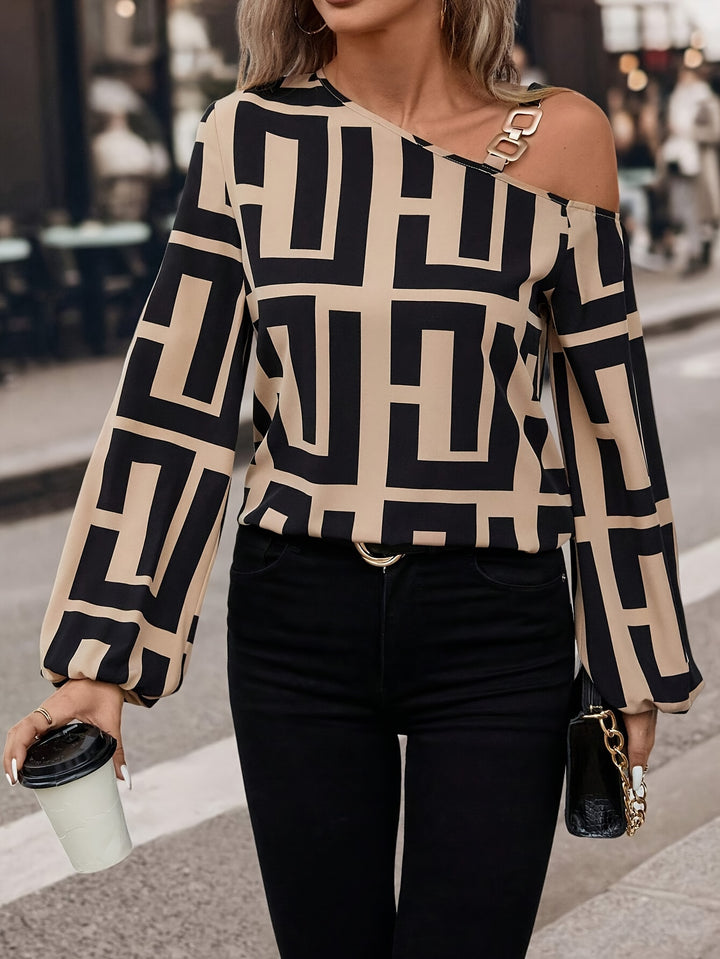 Greek Print Asymmetric Neck Blouse