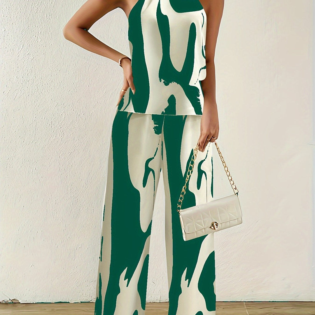 Floral Print Halter Top & Wide-Leg Pants Set