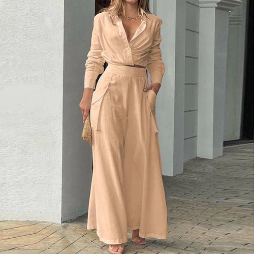 Women Elegant Casual Cross Detail Top And Wide Leg Pants