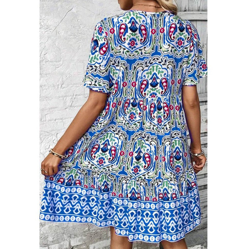 Women Casual Bohemian Drawstring V Neck Floral Dress