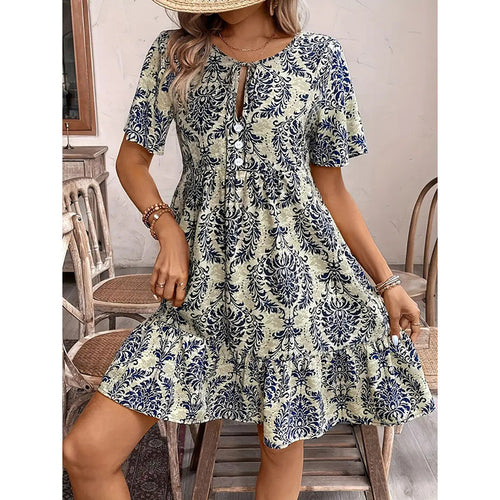 Women Casual Bohemian Drawstring V Neck Floral Dress