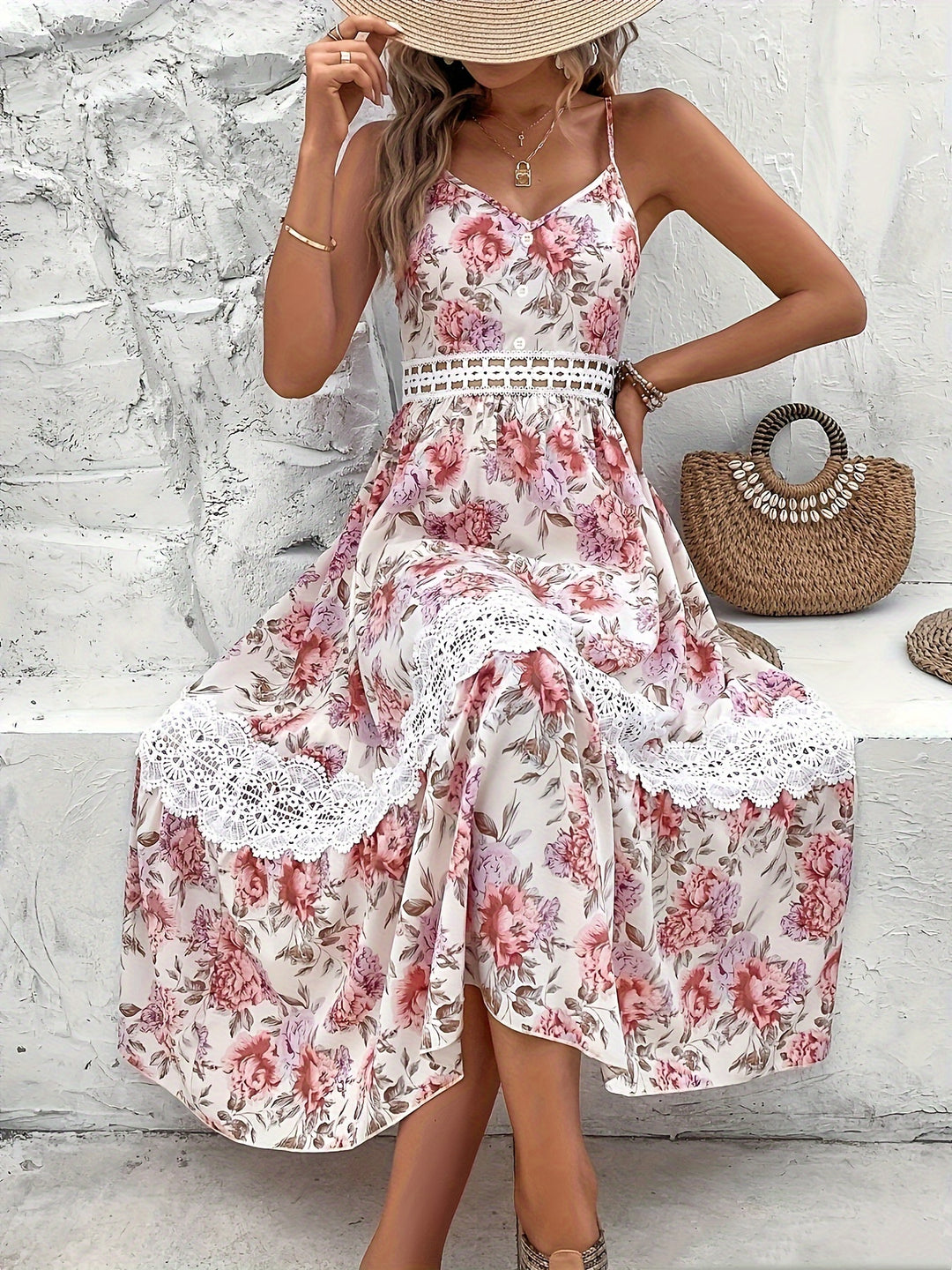 Lace Floral Print Cami Dress