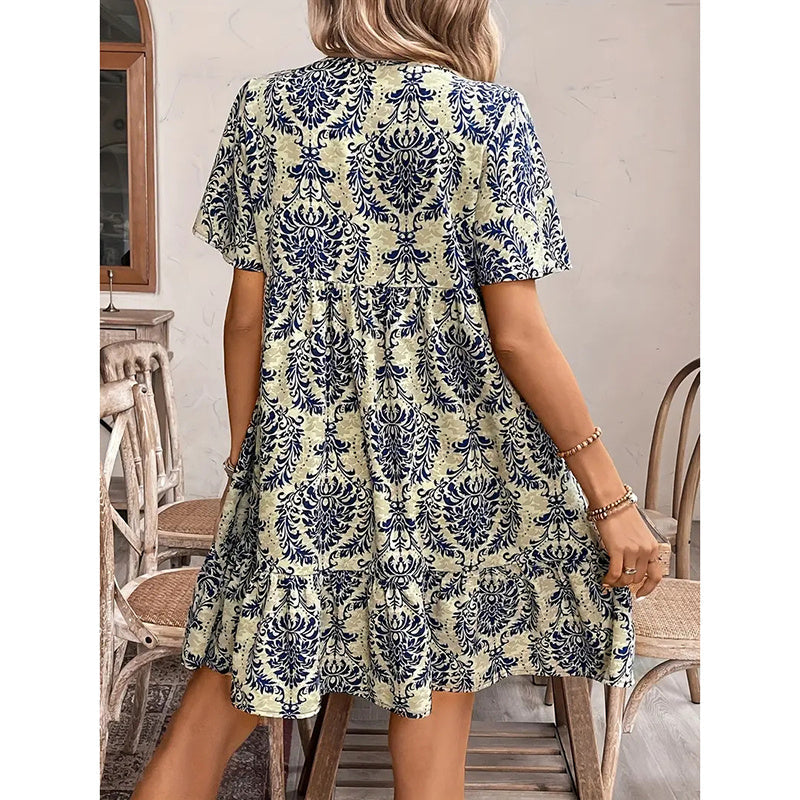Women Casual Bohemian Drawstring V Neck Floral Dress