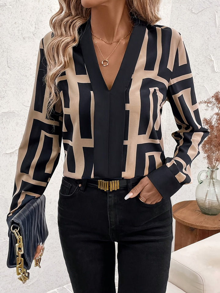 Geo Print V Neck Blouse