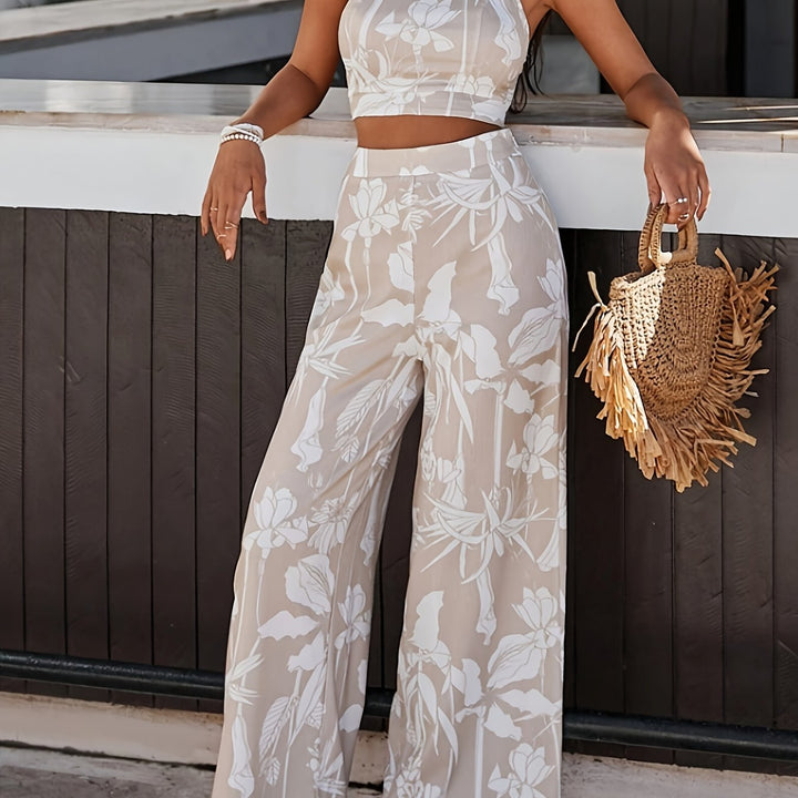 Plant Print Backless Top Pantsuits