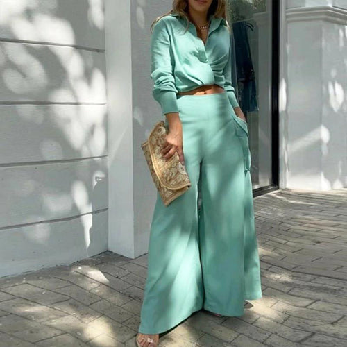 Women Elegant Casual Cross Detail Top And Wide Leg Pants