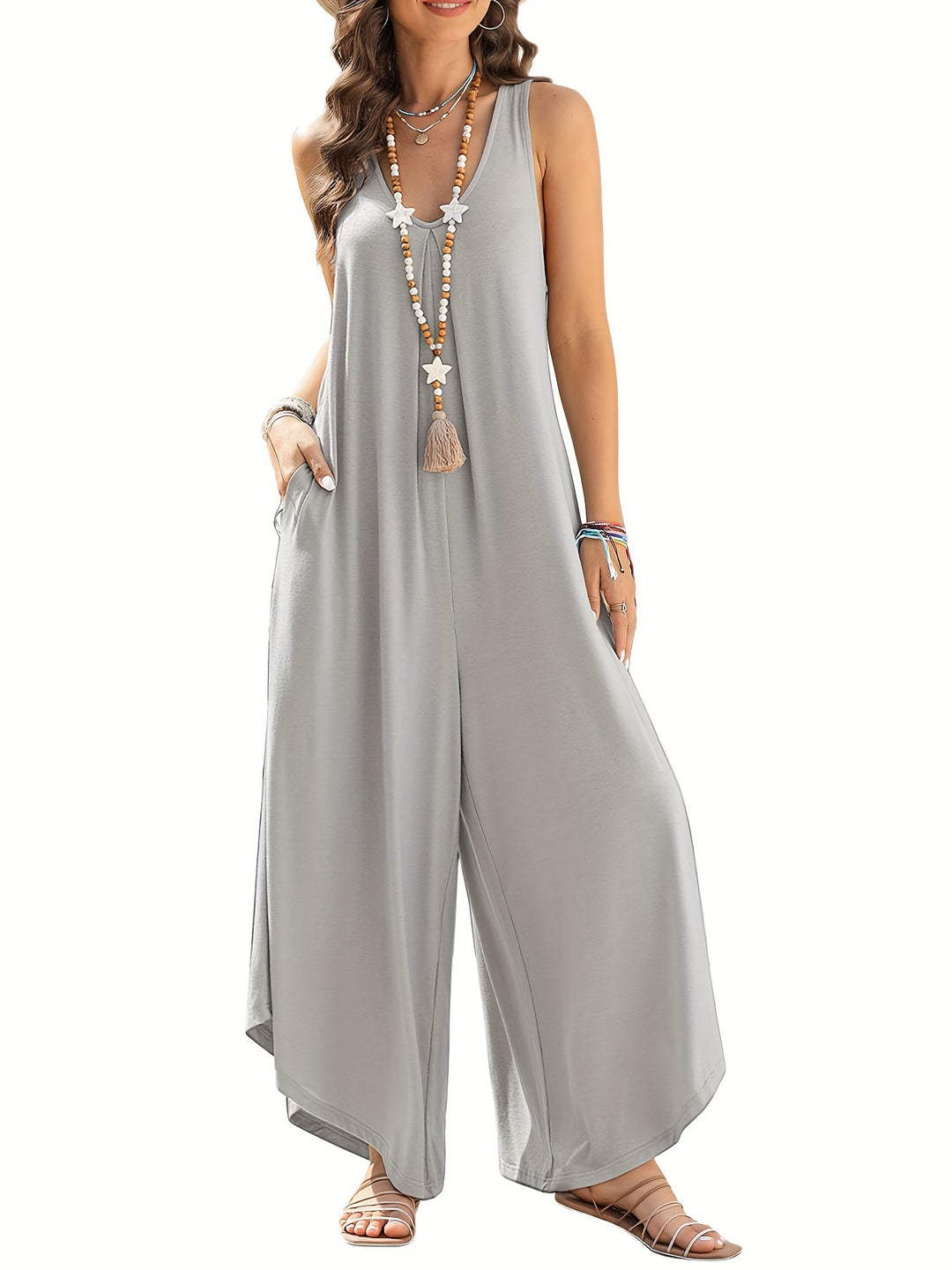 Solid Color Pocket Wide Leg Jumpsuit