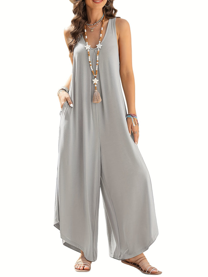Solid Color Pocket Wide Leg Jumpsuit
