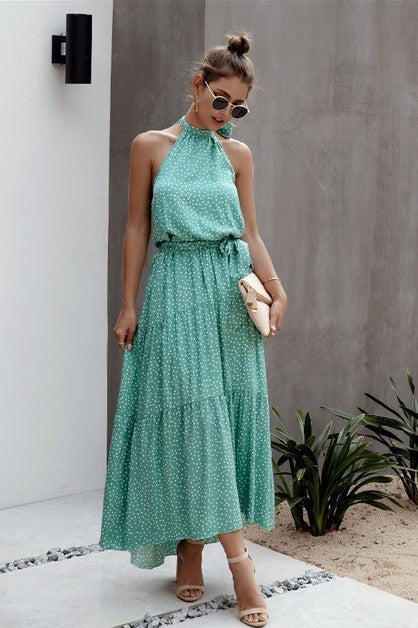 Ruffle Hem Halter Tie-Back Dress
