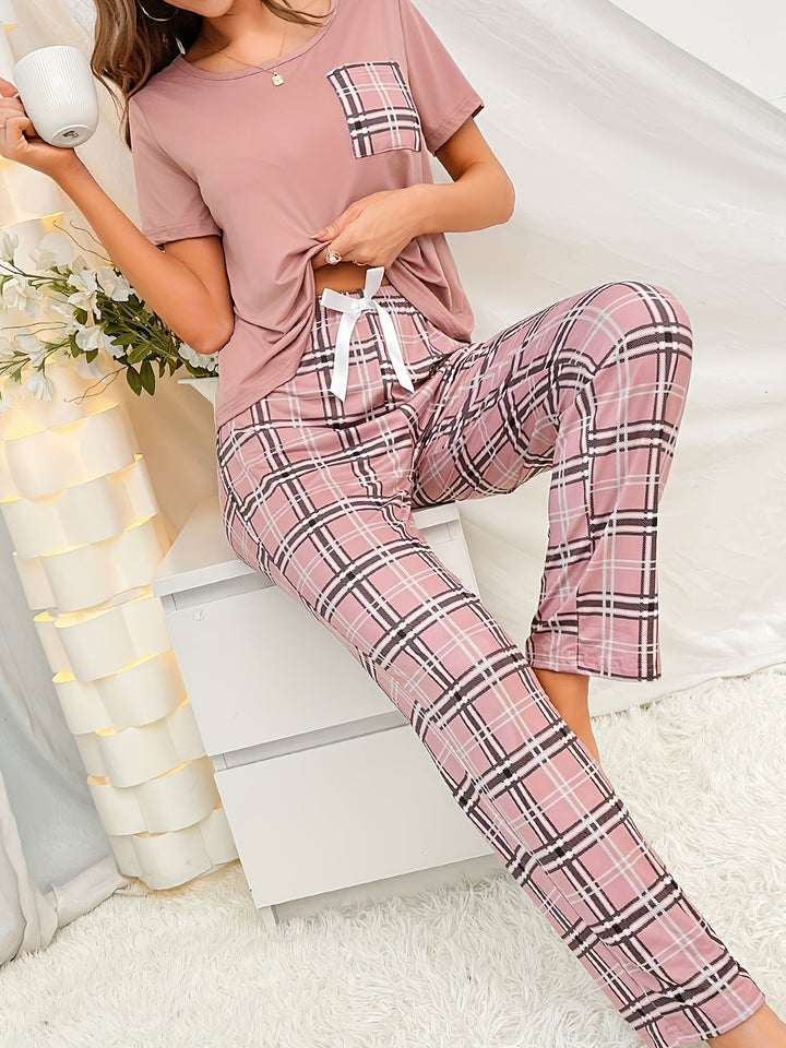 Short Sleeve Plaid Print Pajama Set