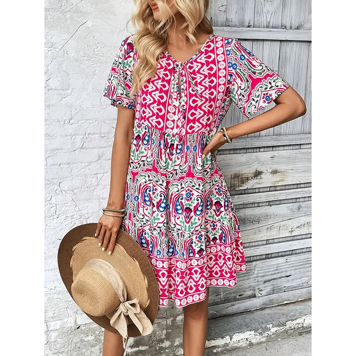 Women Casual Bohemian Drawstring V Neck Floral Dress