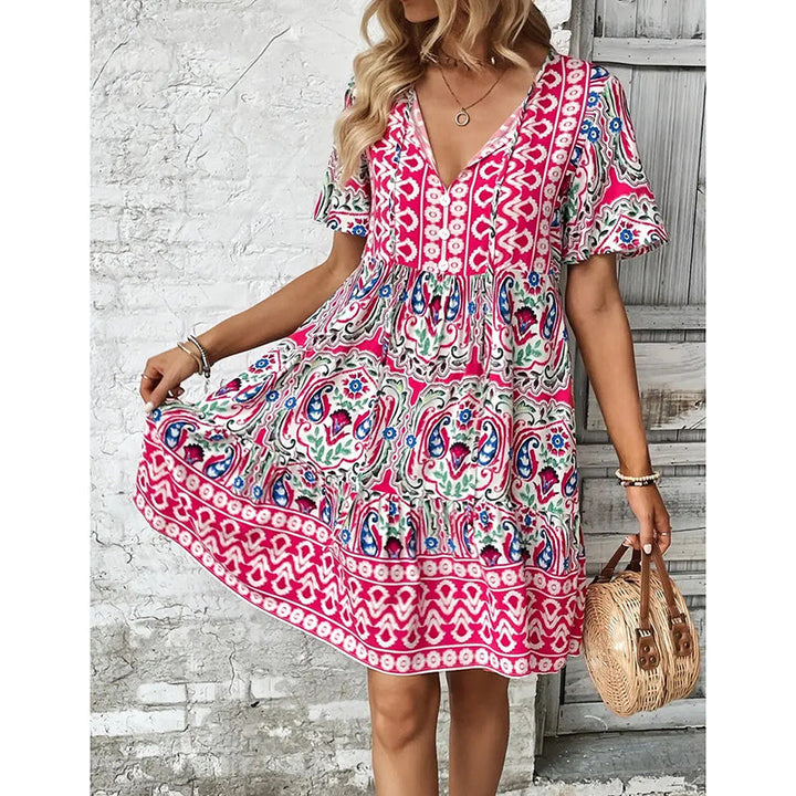 Women Casual Bohemian Drawstring V Neck Floral Dress