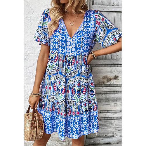 Women Casual Bohemian Drawstring V Neck Floral Dress