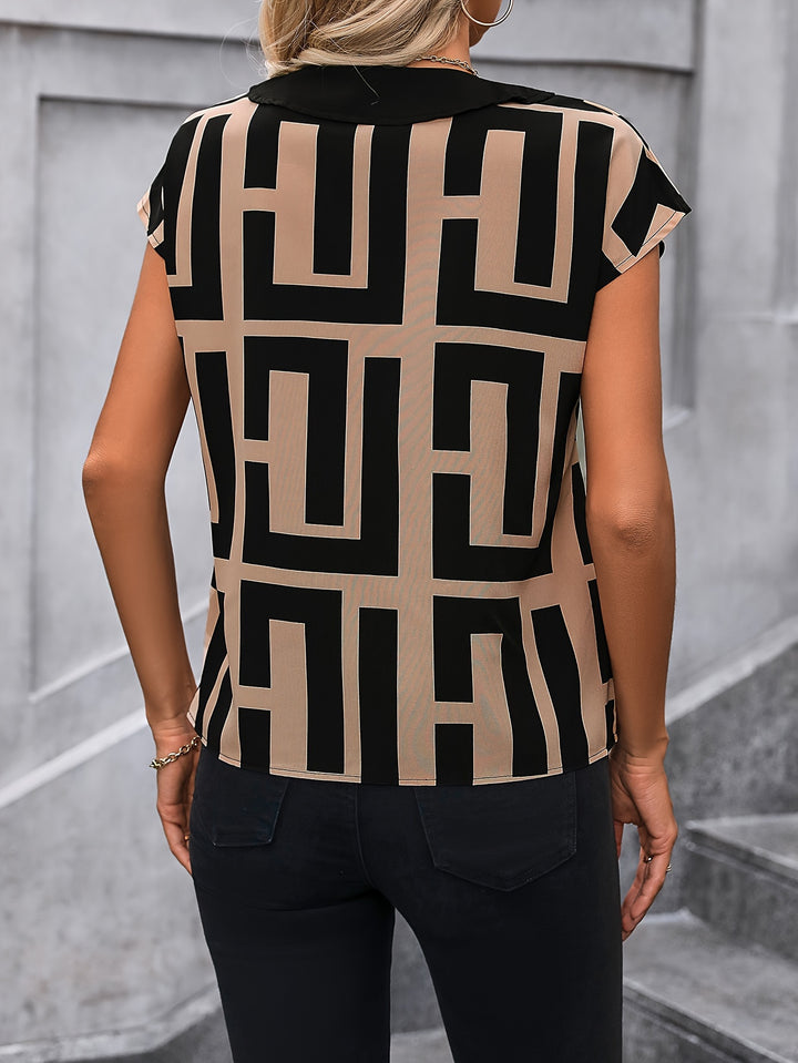 Geo Print V-Neck Batwing Sleeve Blouse
