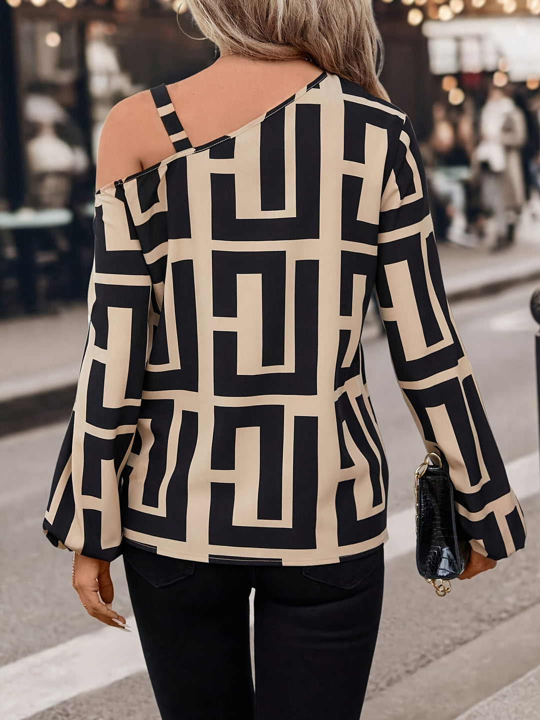 Greek Print Asymmetric Neck Blouse