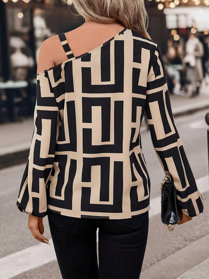 Greek Print Asymmetric Neck Blouse