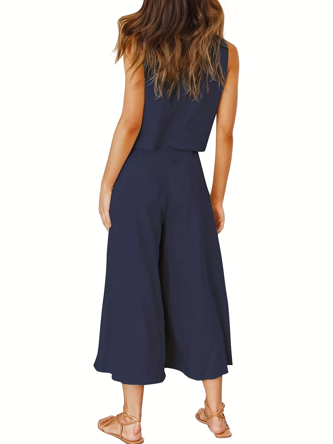 Navy Blue Casual Solid Two-piece Set