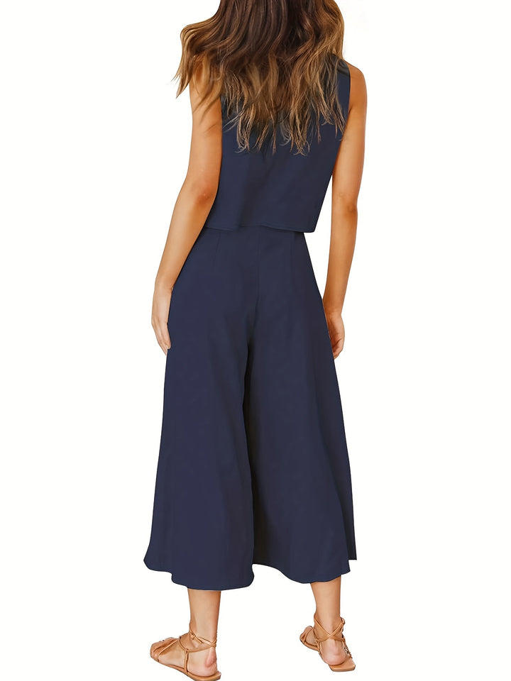 Navy Blue Casual Solid Two-piece Set