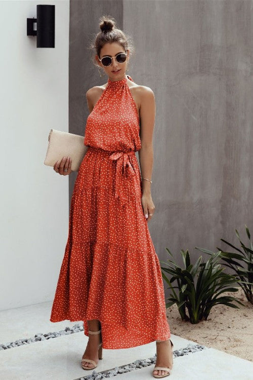 Ruffle Hem Halter Tie-Back Dress