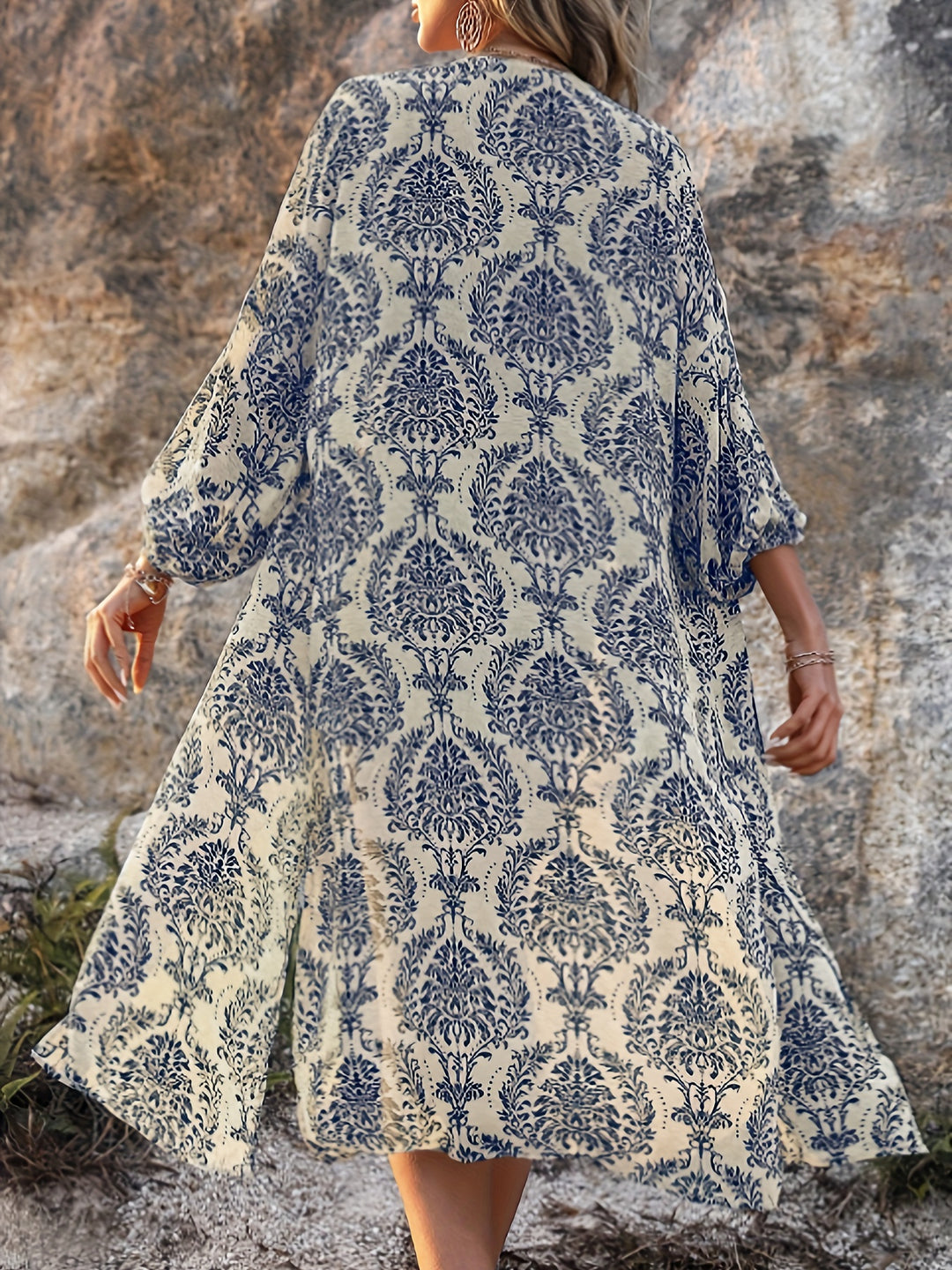 Damask Print Open Front Blouse