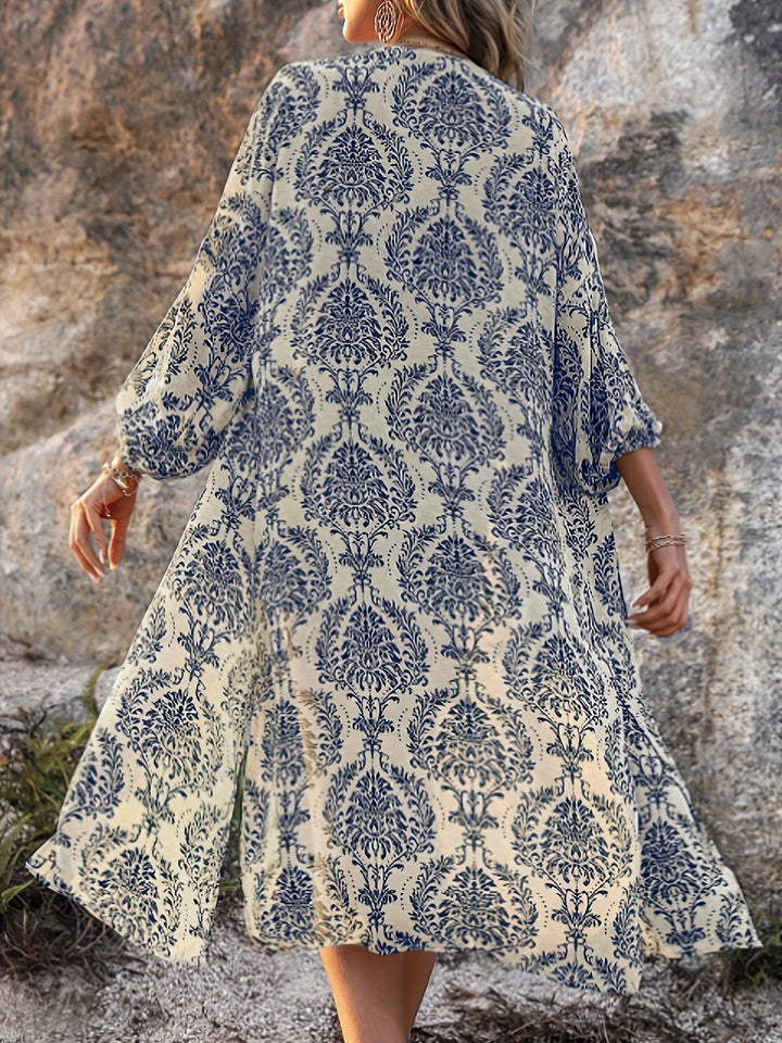 Damask Print Open Front Blouse