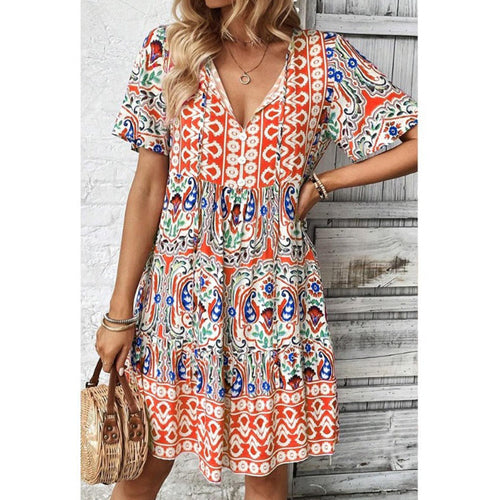 Women Casual Bohemian Drawstring V Neck Floral Dress