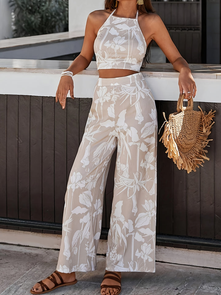 Plant Print Backless Top Pantsuits
