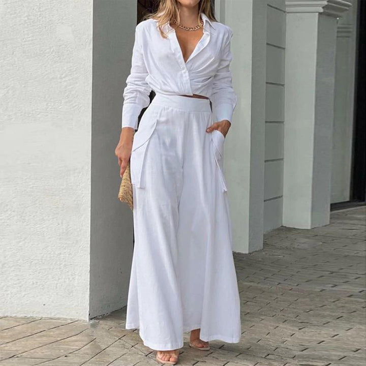 Women Elegant Casual Cross Detail Top And Wide Leg Pants