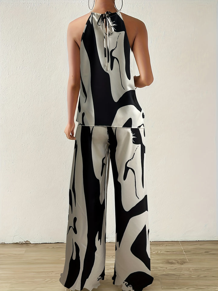 Floral Print Halter Top & Wide-Leg Pants Set
