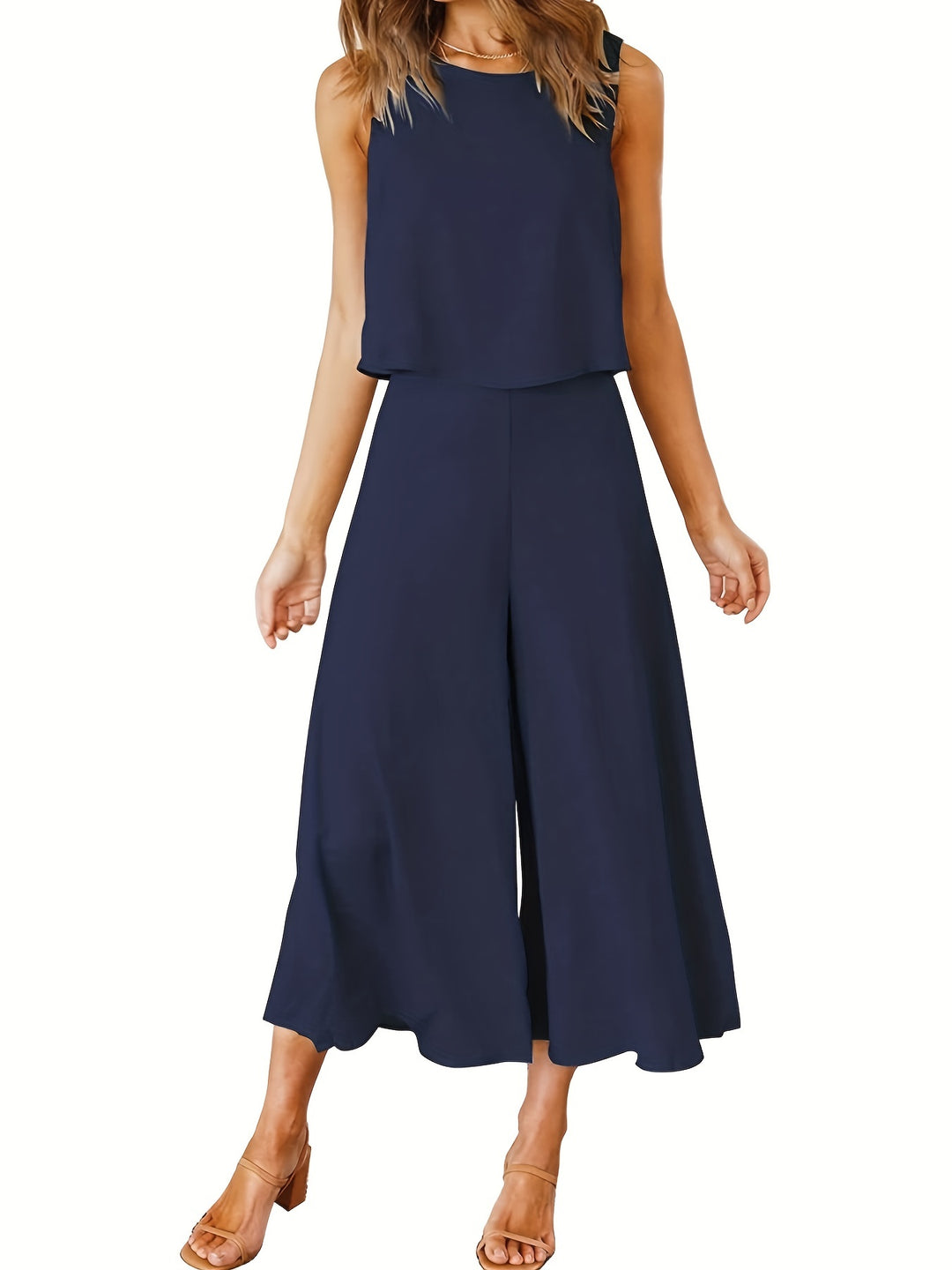 Navy Blue Casual Solid Two-piece Set