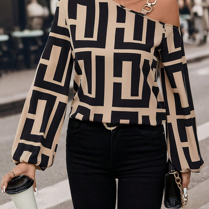 Greek Print Asymmetric Neck Blouse