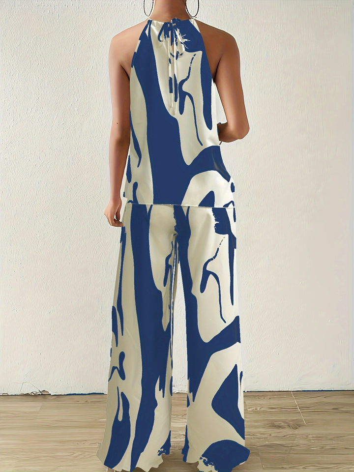 Floral Print Halter Top & Wide-Leg Pants Set